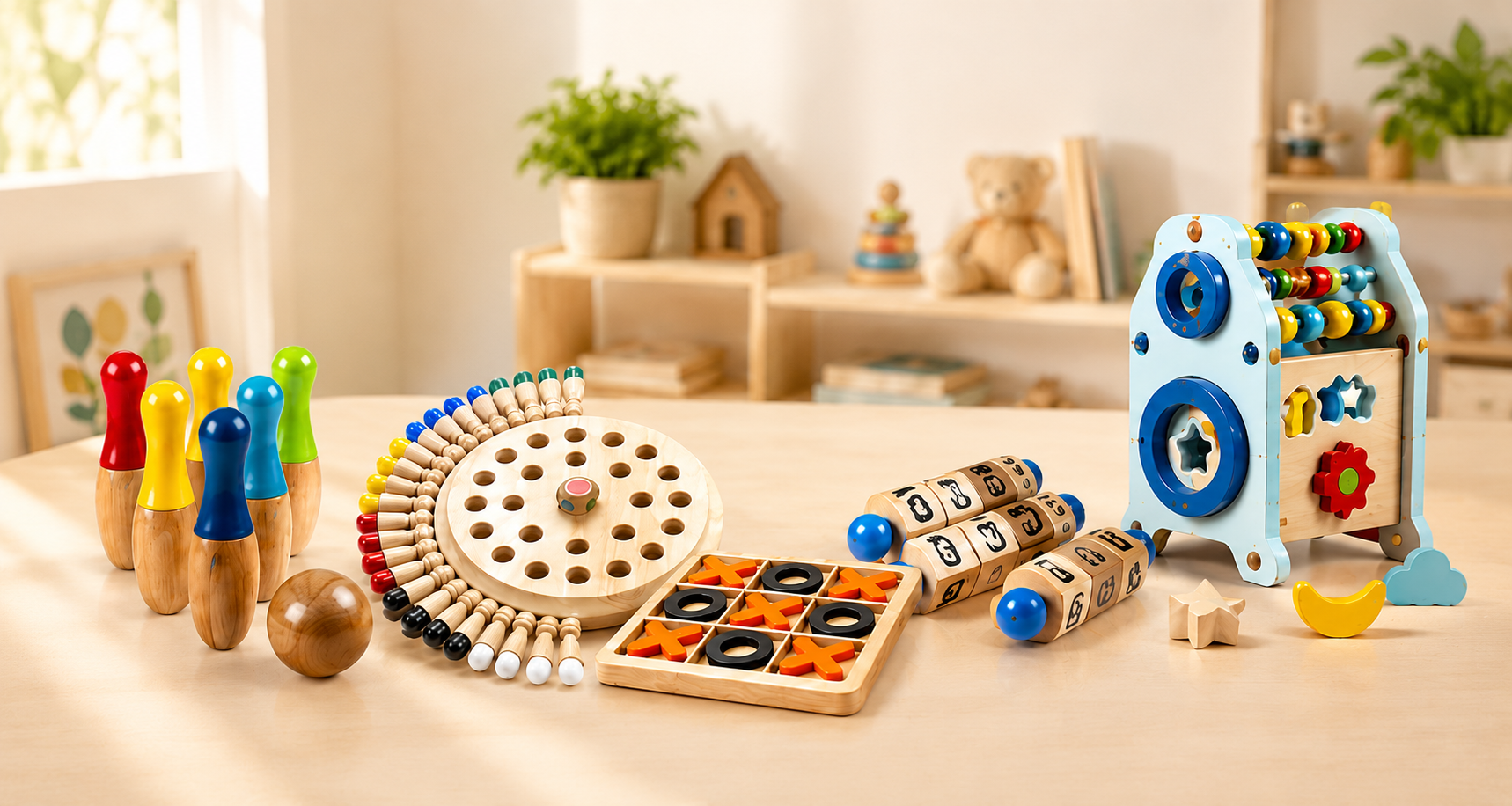 A colorful children's wooden toy set arranged on a light wood table in a bright nursery or playroom. The set includes a pin-peg bowling game, a circular bead counting board, a goggle board, a dice roller, a geometric sorting board, and a blue abacus-style toy with gears and colorful beads.