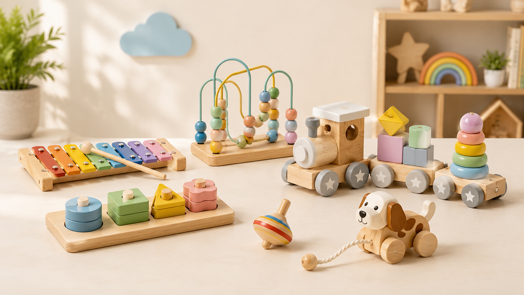 A collection of colorful wooden children's toys arranged on a light beige floor in a bright, sunlit room. The toys include a xylophone, bead armbands, stacking blocks, a small train, a dog pull toy, and a spinning top.