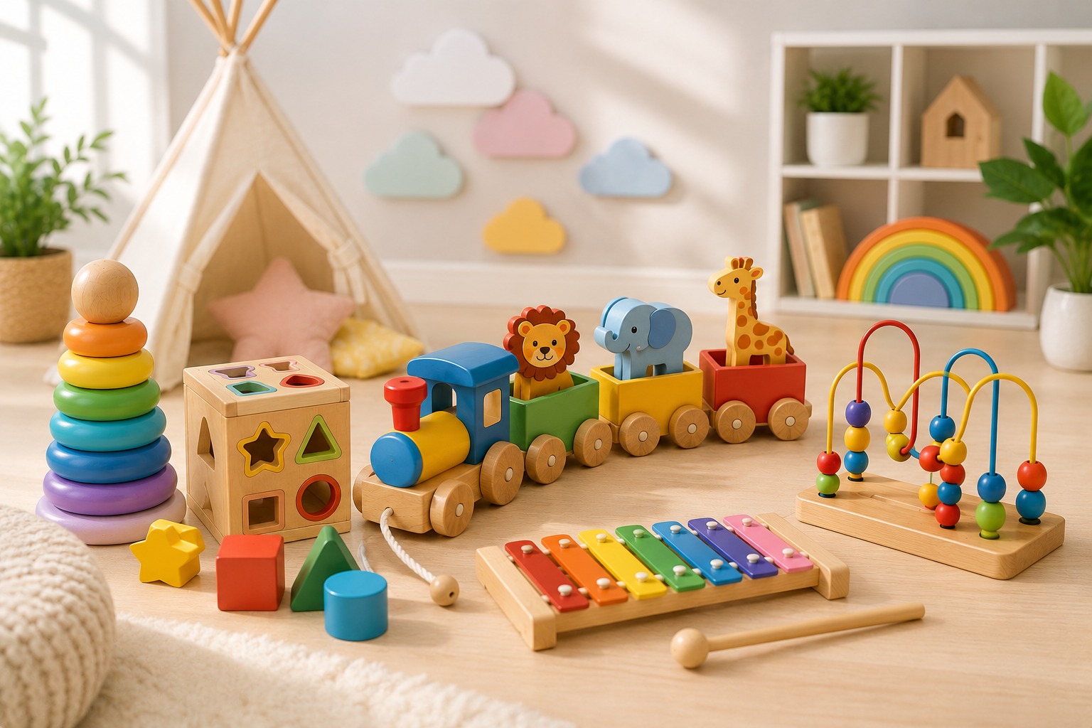 A colorful wooden toy set arranged on a light wood floor in a bright nursery or playroom. The set includes a train with animal-shaped carriages, a rainbow xylophone, bead arms, a shape-sorting block, a stacking ring toy, and a teepee tent.