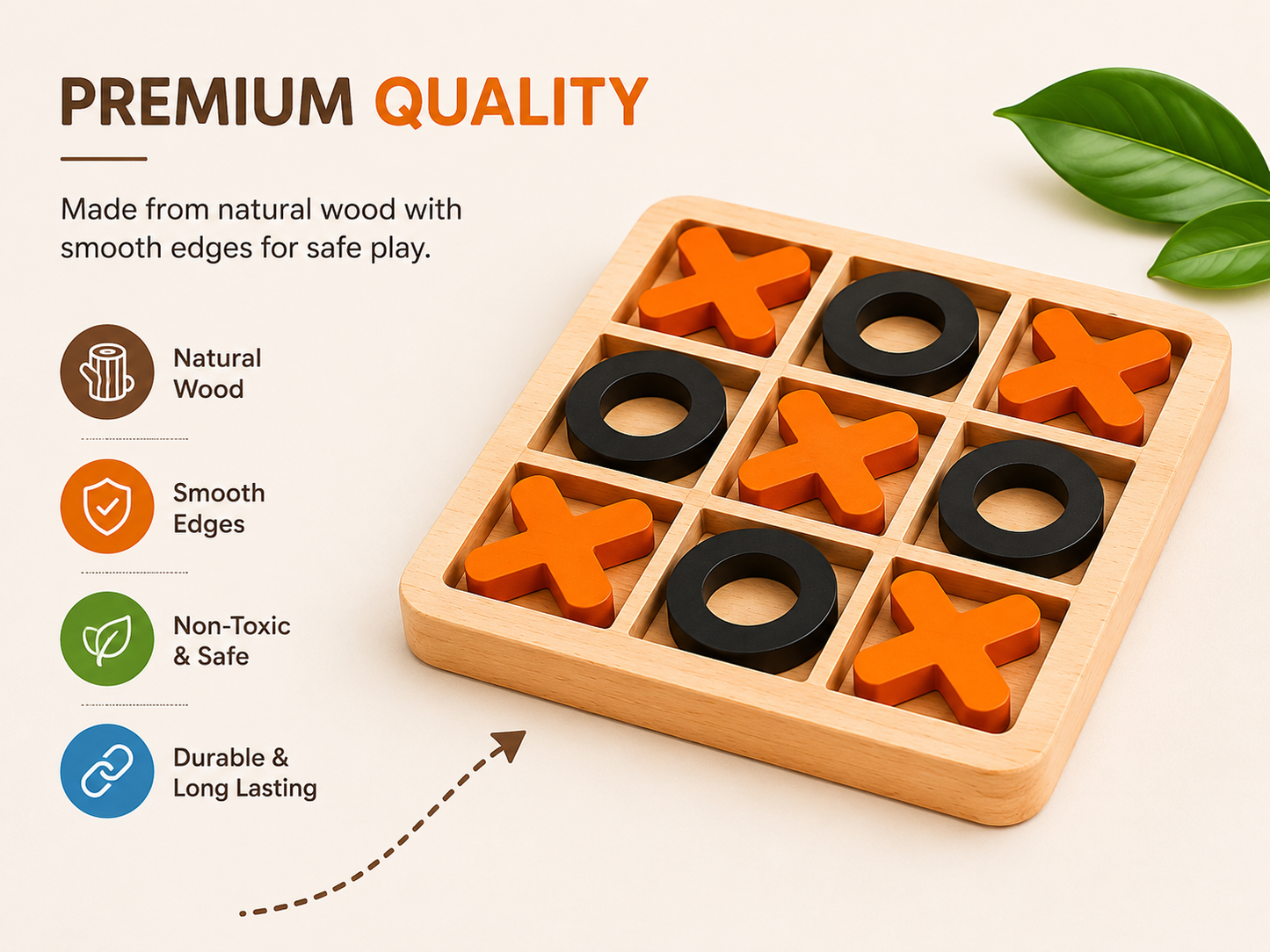 A wooden 9-piece tic-tac-toe game board with orange X-shaped pieces and black O-shaped rings, shown on a light beige background with marketing text and leaf props.