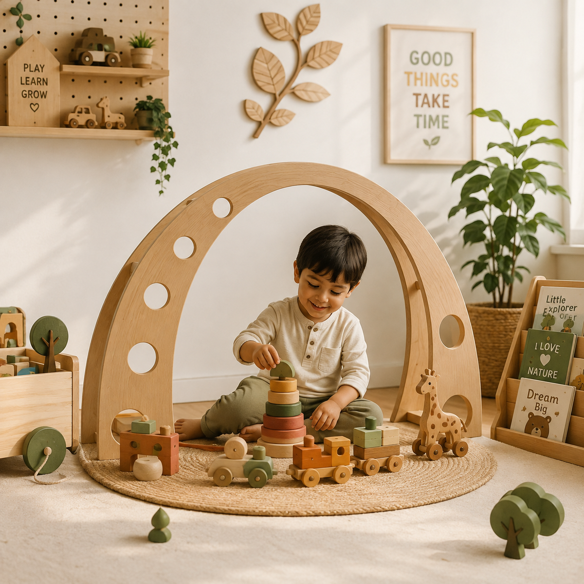 Children playing with premium wooden educational toys by ANTOYZ in a modern playroom.