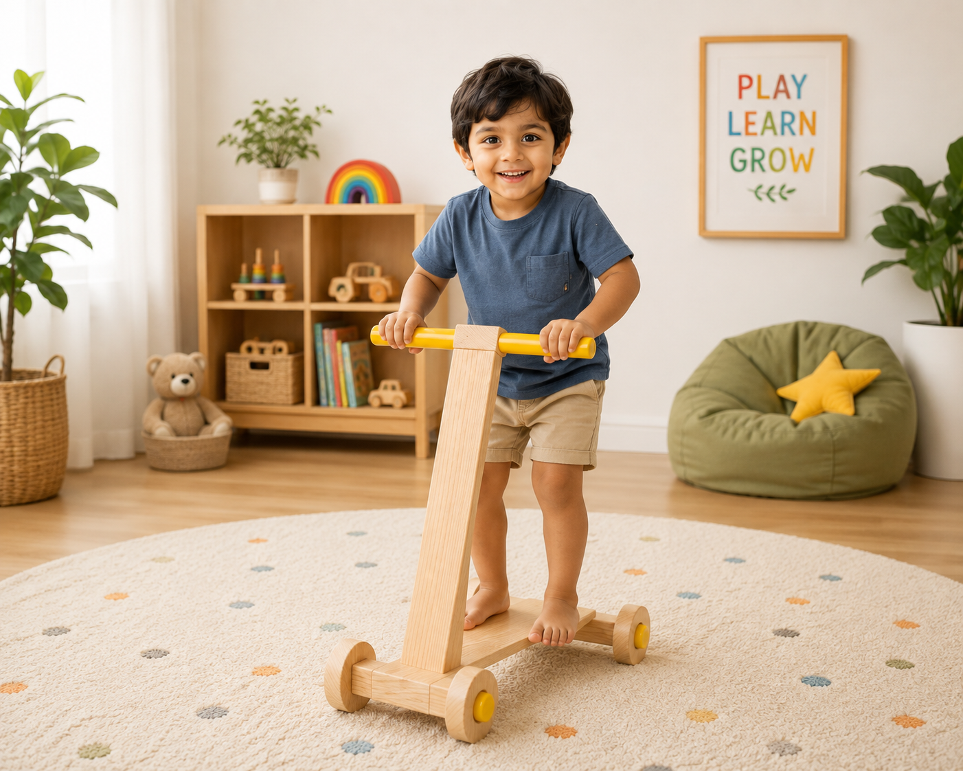 A young child stands barefoot on a wooden toddler scooter with yellow handlebar and wheel accents in a bright, styled nursery or playroom. The room includes a rug, bookshelf, bean bag chair, and framed wall art.