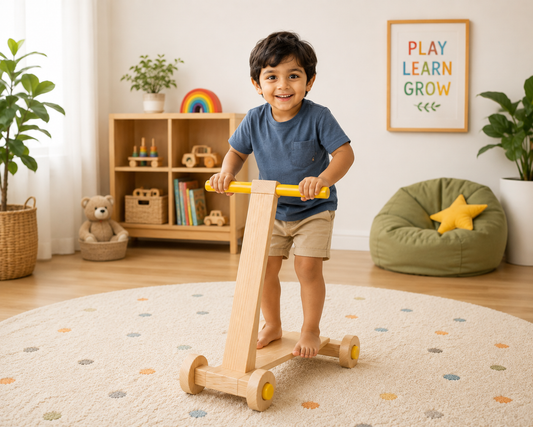 A young child stands barefoot on a wooden toddler scooter with yellow handlebar and wheel accents in a bright, styled nursery or playroom. The room includes a rug, bookshelf, bean bag chair, and framed wall art.